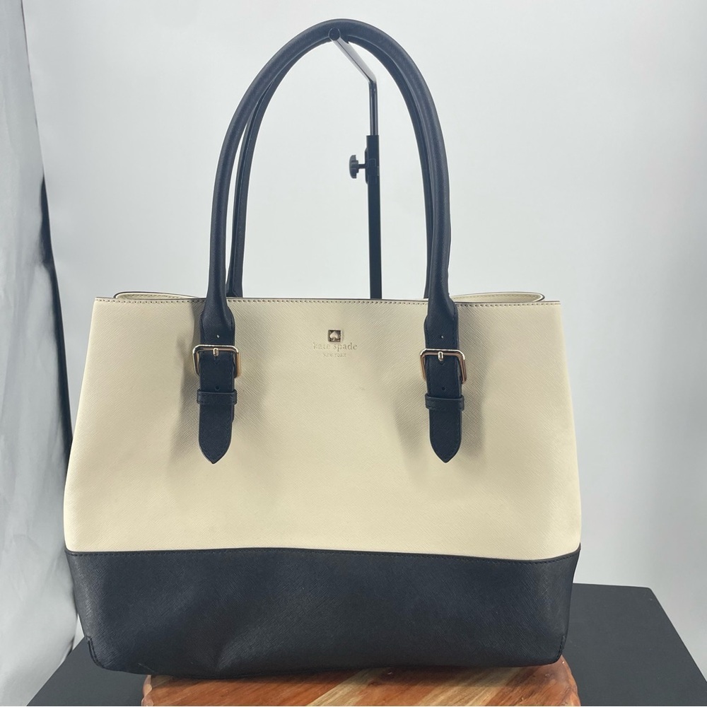 Kate Spade saffiano leather color block Cove Street Ariel tote cream black